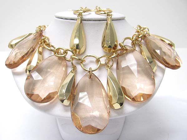 Facet glass and metal big tear drop dangle necklace earring set