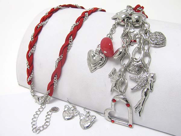 VALENTINE THEME CRYSTAL STUD MULTI HEART AND ANGEL DROP SUEDE CHAIN NECKALCE EARRING SET