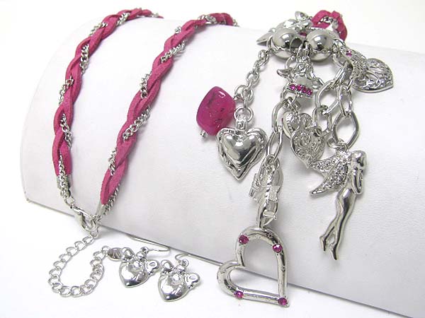VALENTINE THEME CRYSTAL STUD MULTI HEART AND ANGEL DROP SUEDE CHAIN NECKALCE EARRING SET