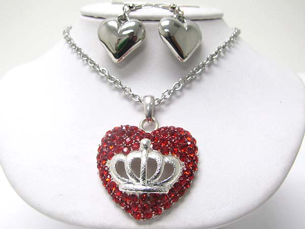 Valentine theme crown on crystal puffy heart necklace earring set