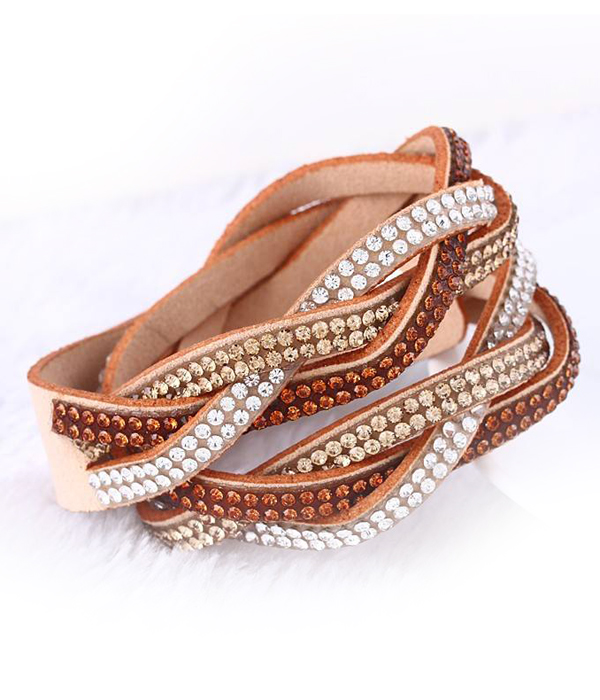 Crystal stud braided leather wrap bracelet
