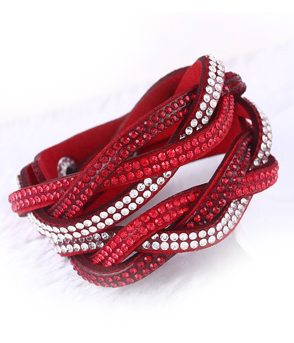 Crystal stud braided leather wrap bracelet