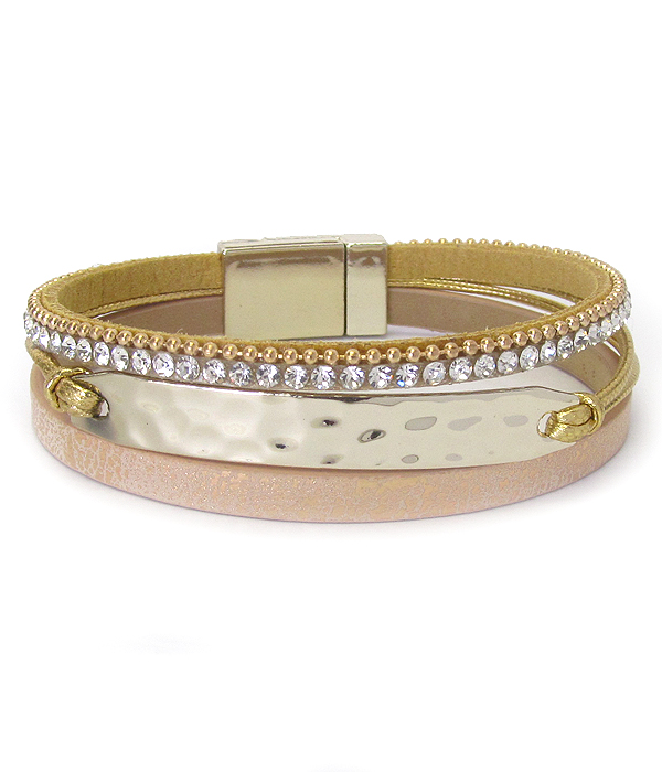 Multi layer crystal and leather magnetic bracelet