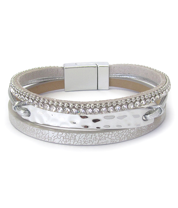 Multi layer crystal and leather magnetic bracelet