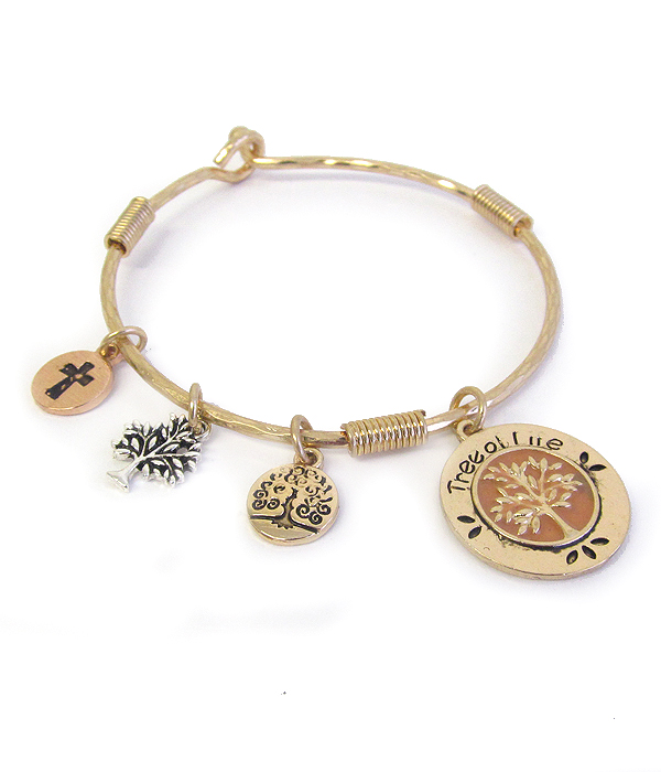 RELIGIOUS INSPIRATION MULTI CHARM WIRE BANGLE BRACELET - TREE OF LIFE