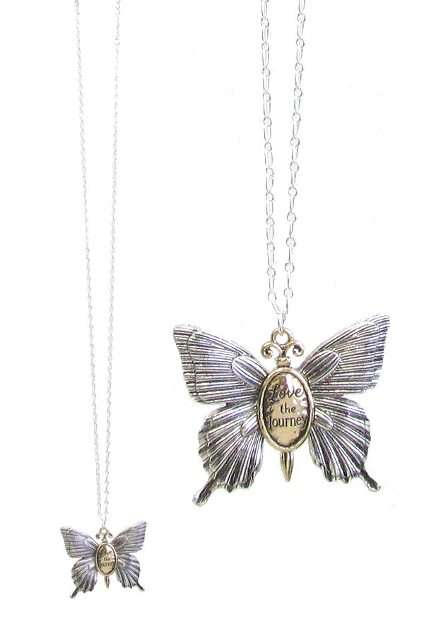 INSPIRATION MESSAGE BUTTERFLY PENDANT LONG NECKLACE - LOVE THE JOURNEY