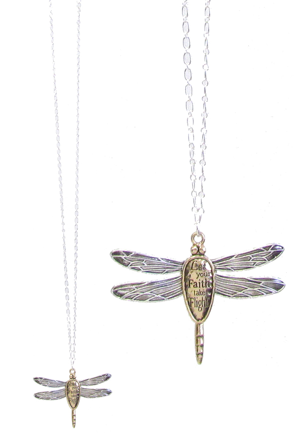 INSPIRATION MESSAGE DRAGONFLY PENDANT LONG NECKLACE - LET YOUR FAITH TAKE FLIGHT