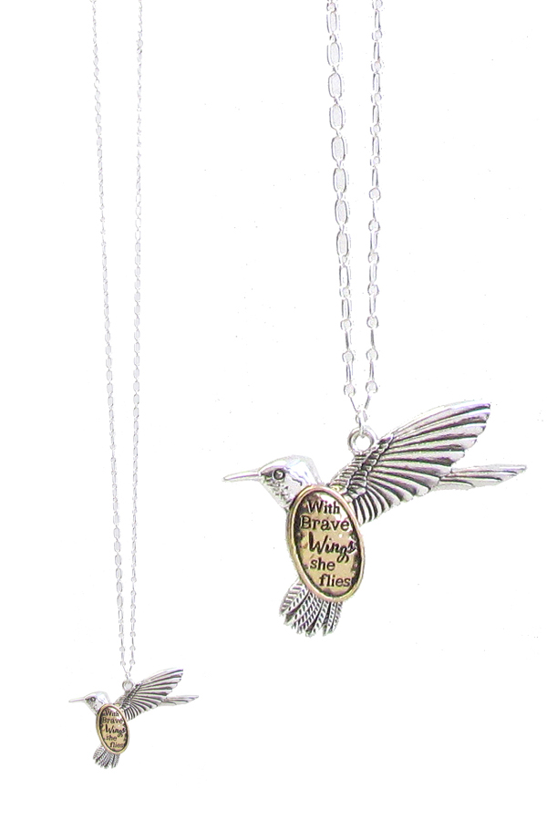 INSPIRATION MESSAGE BIRD PENDANT LONG NECKLACE - WITH BRAVE WINGS SHE FLIES