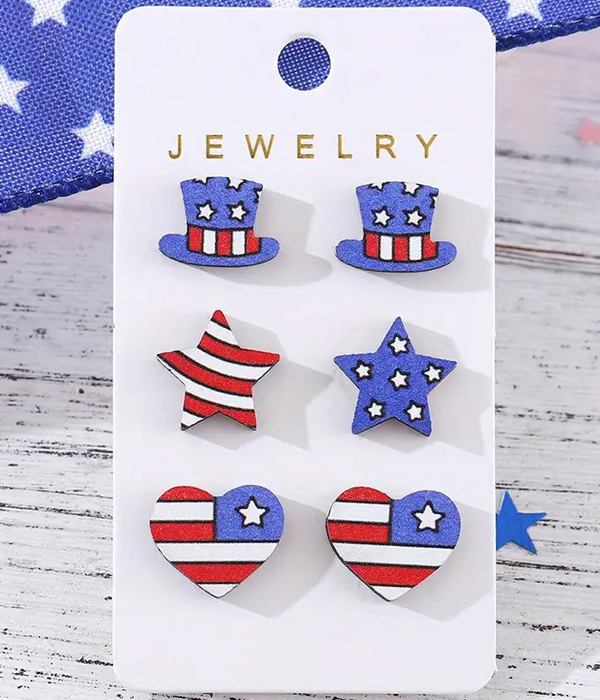 Patriotic theme american flag 3 pair earring set