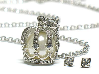 Pearl inside crystal crown necklace and earring set