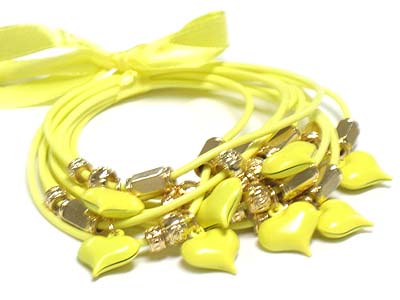 Color heart charm ribbon tied multi cord string bracelet