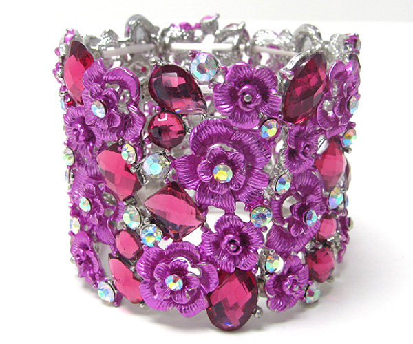 Crystal and multi colored flower deco link stretch bracelet