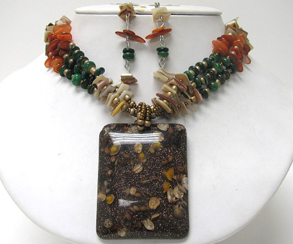 Natural seeds coated resin pendant and seed bead chain necklace earring set