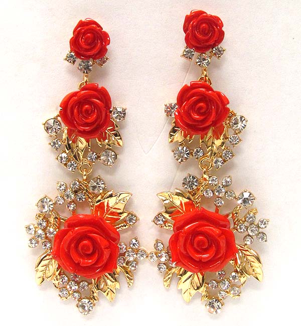 Three acryl conetted rose and crystal drop earring