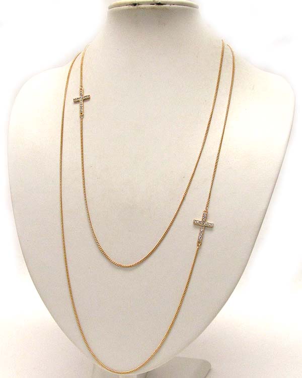 Crystal double cross accent long chain necklace