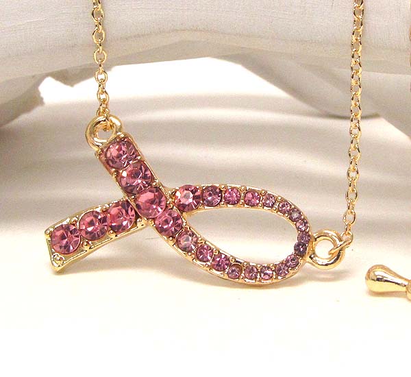 Crystal deco side pink ribbon necklace - breast cancer awareness