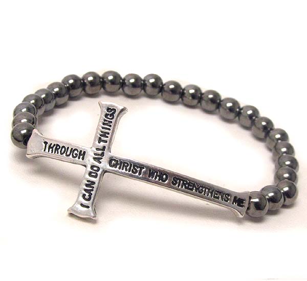 Message side cross and ball chain stretch bracelet