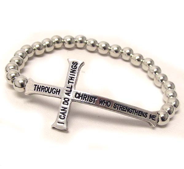 Message side cross and ball chain stretch bracelet