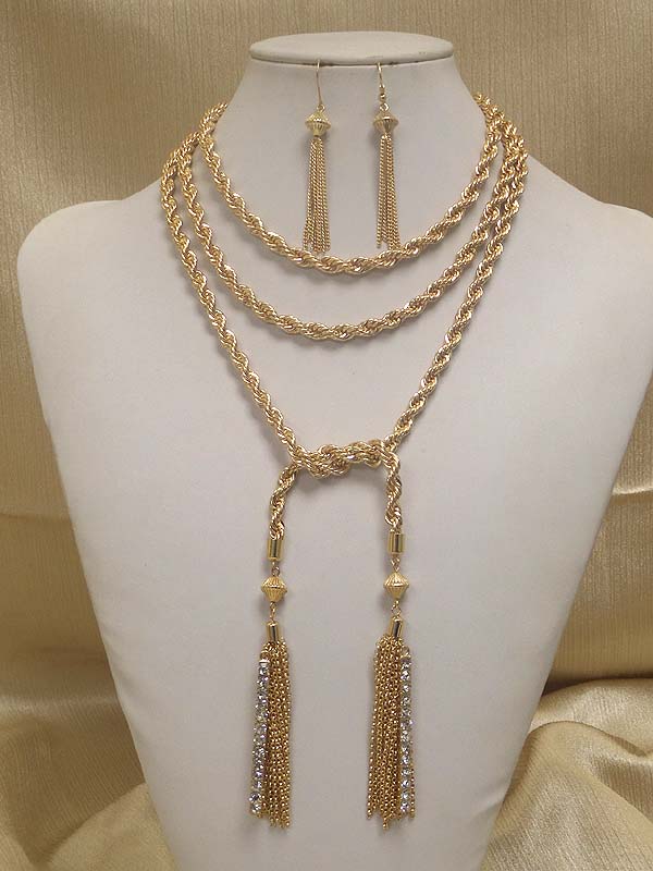 Long metal rope and crystal bar and tassel necklace earring set