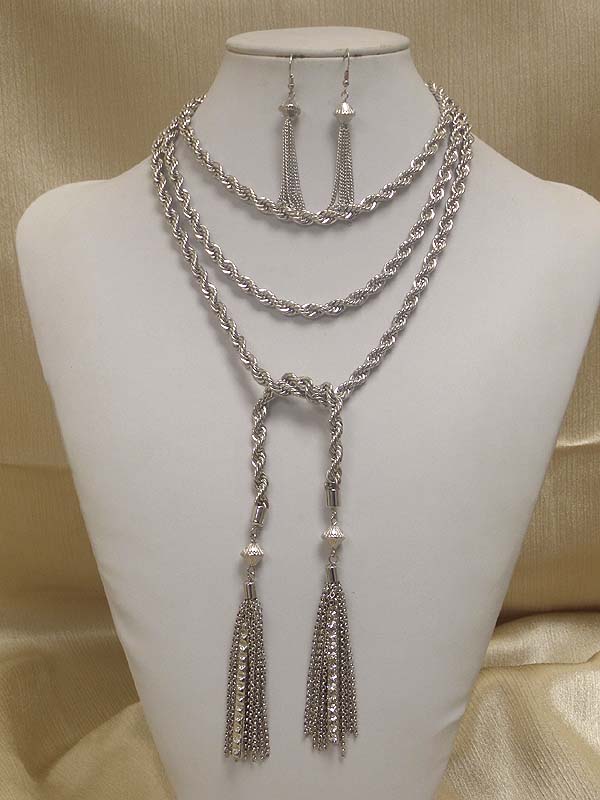 Long metal rope and crystal bar and tassel necklace earring set