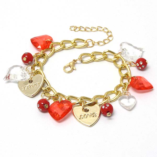 Multi metal and acrylic valentine heart charm bracelet