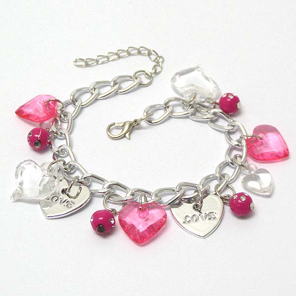 Multi metal and acrylic valentine heart charm bracelet