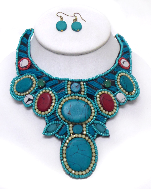 Coral tone with turquoise stone beaded necklace set
