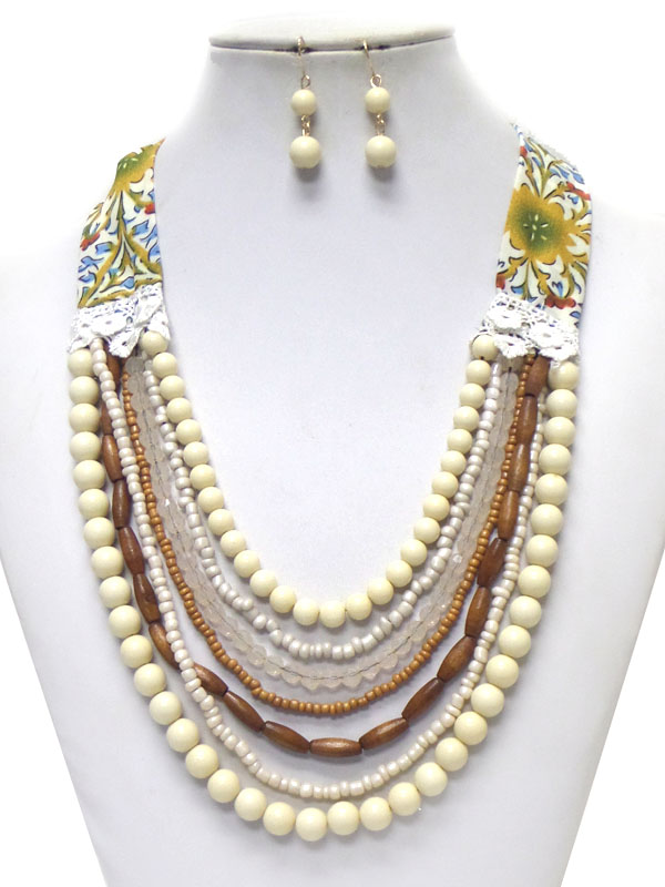 Multi layer beads with navajo fabric necklace set -western