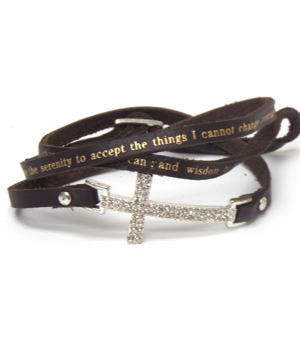 Crystal cross and leatherette message wrap bracelet - serenity prayer