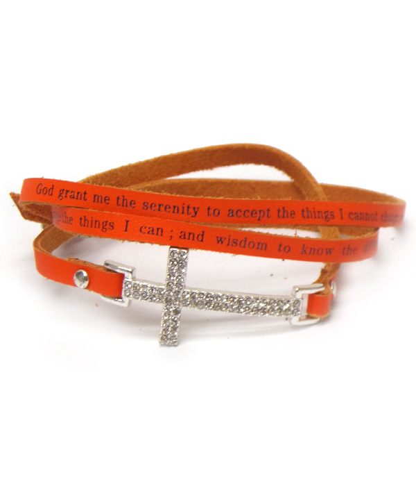 Crystal cross and leatherette message wrap bracelet - serenity prayer