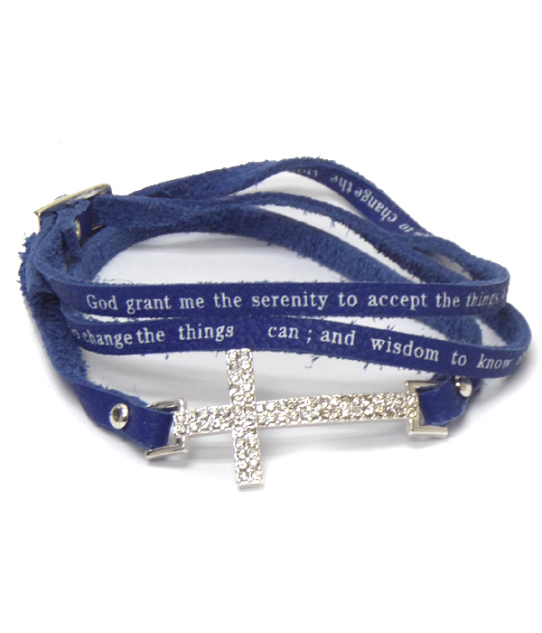 Crystal cross and leatherette message wrap bracelet - serenity prayer