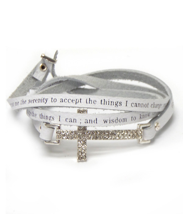 Crystal cross and leatherette message wrap bracelet - serenity prayer