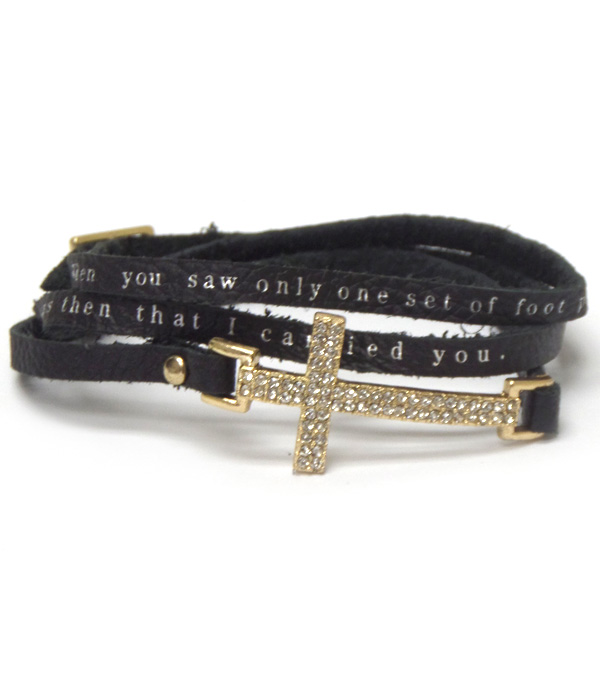 Crystal cross and leatherette message wrap bracelet - serenity prayer
