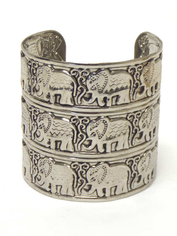 Three layer bold textured metal elephant cuff bangle bracelet