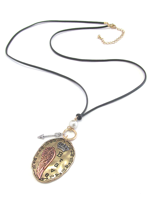 Inspiration pendant and leatherette cord necklace - brave
