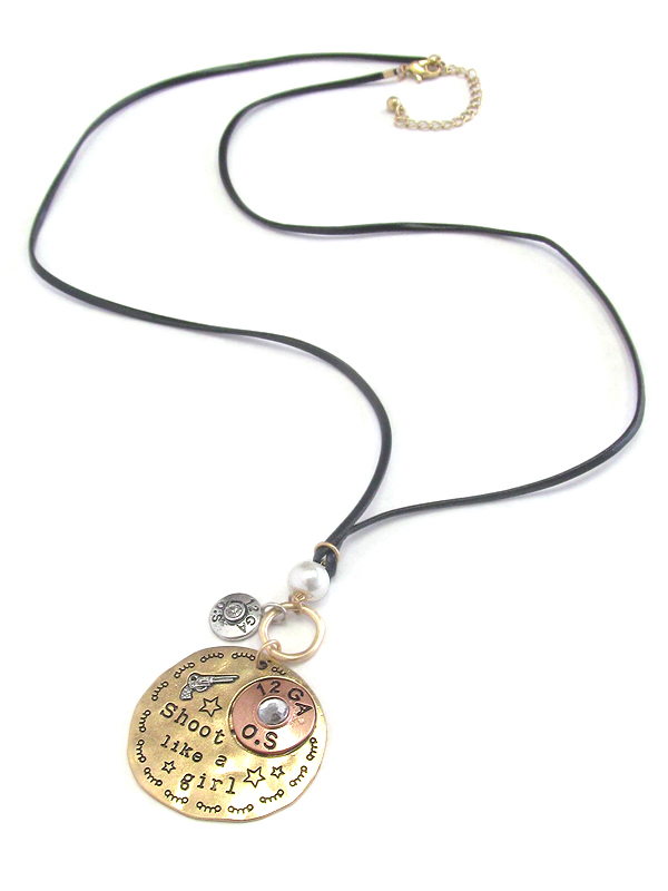 Gun and bullet pendant and leatherette cord necklace - shoot like a girl