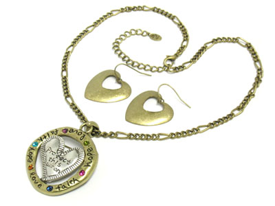 Antique style love faith hope round and heart necklace and earring set