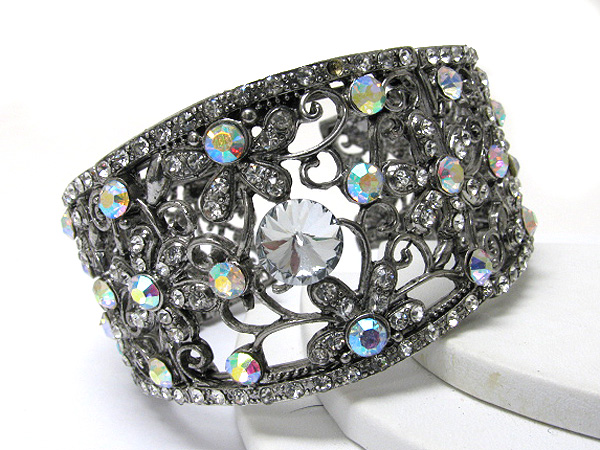 Crystal and metal filigree cuff bangle