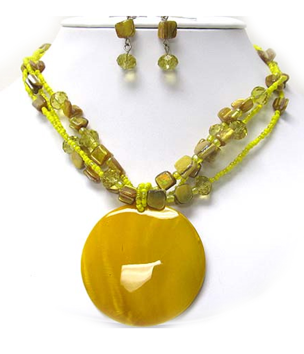 Round sea shell disk multi row shell link necklace set