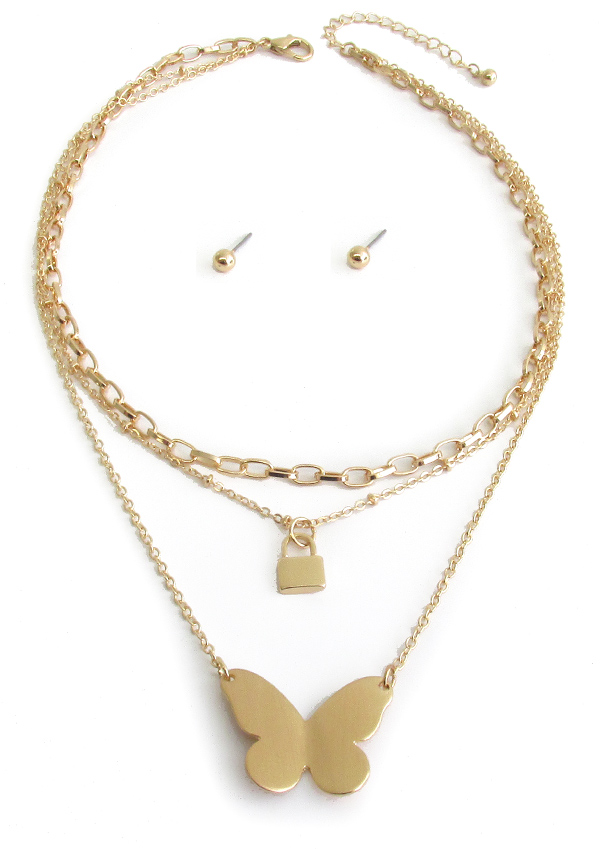 BUTTERFLY AND LOCK MULTI LAYER NECKLACE SET