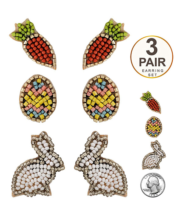 EASTER THEME HANDMADE MULTI SEEDBEAD 3 PAIR EARRING SET - EGG RABBIT