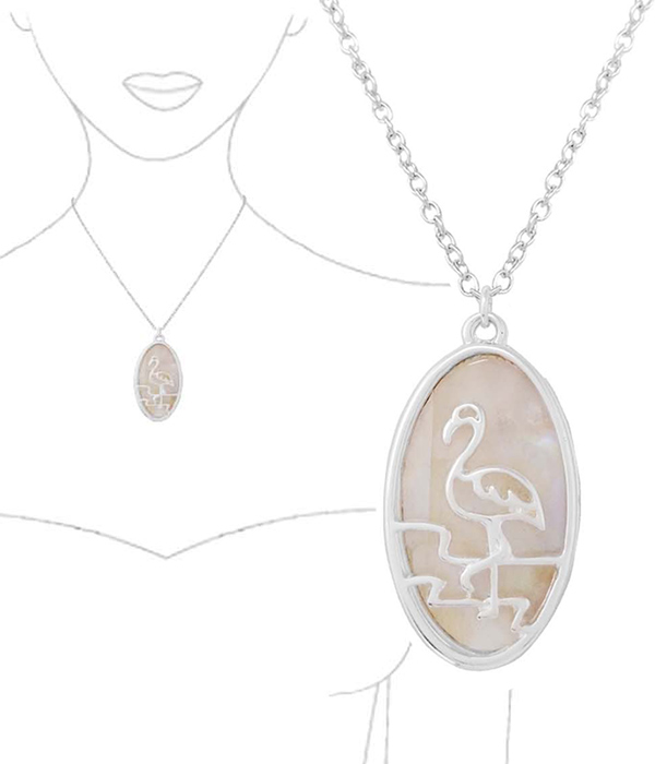 Tropical theme oval mop pendant necklace - flamingo