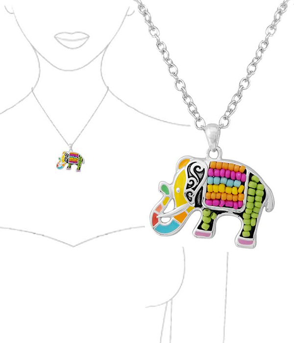 MULTI SEEDBEAD MOSAIC PENDANT NECKLACE - ELEPHANT