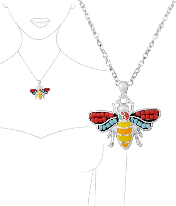 MULTI SEEDBEAD MOSAIC PENDANT NECKLACE - BEE