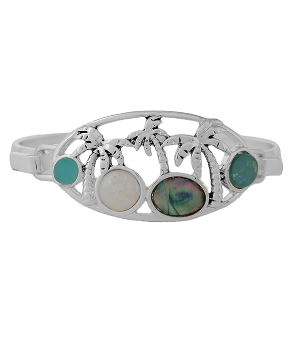 TROPICAL THEME OPAL AND ABALONE BANGLE BRACELET - PALM TREE