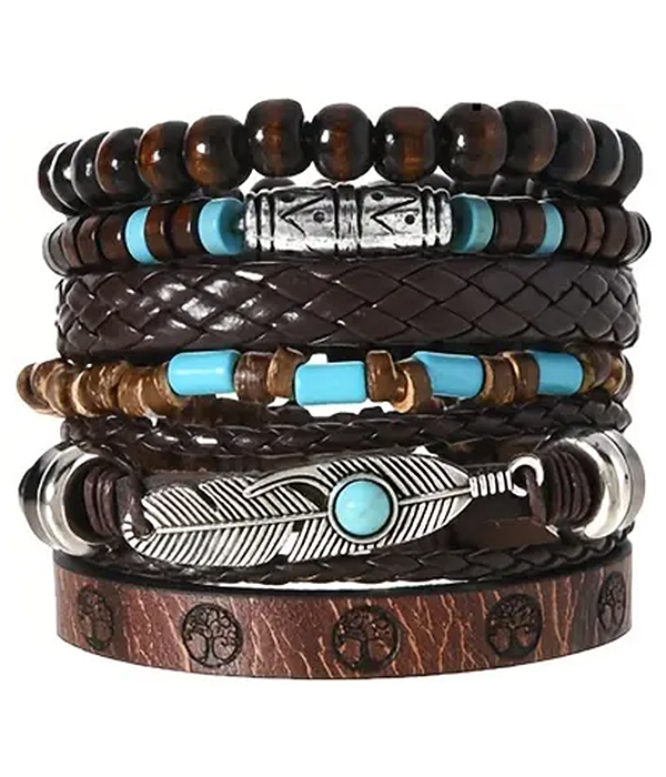 Boho style pulltie and stretch leatherette bracelet set