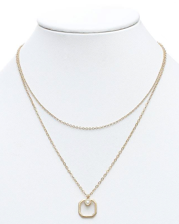 Geometric pattern and pearl pendant double layer necklace