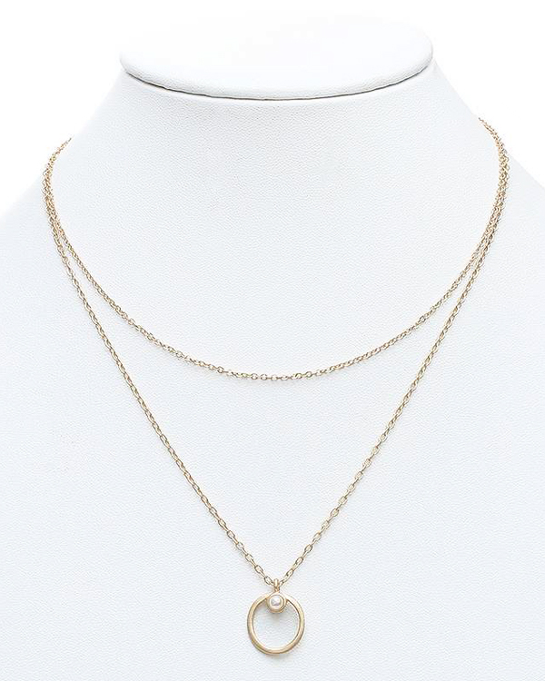 Geometric pattern and pearl pendant double layer necklace