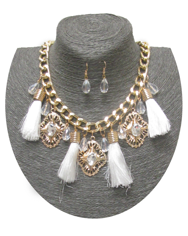 Spring statement tassel and metal filigree dangle necklace set