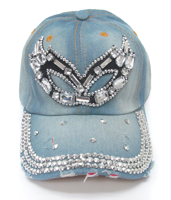 Rhinestone worn denim baseball cap - mask